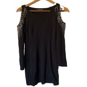 Foreign Exchange black cotton spandex grommet & chain bare shoulder dress